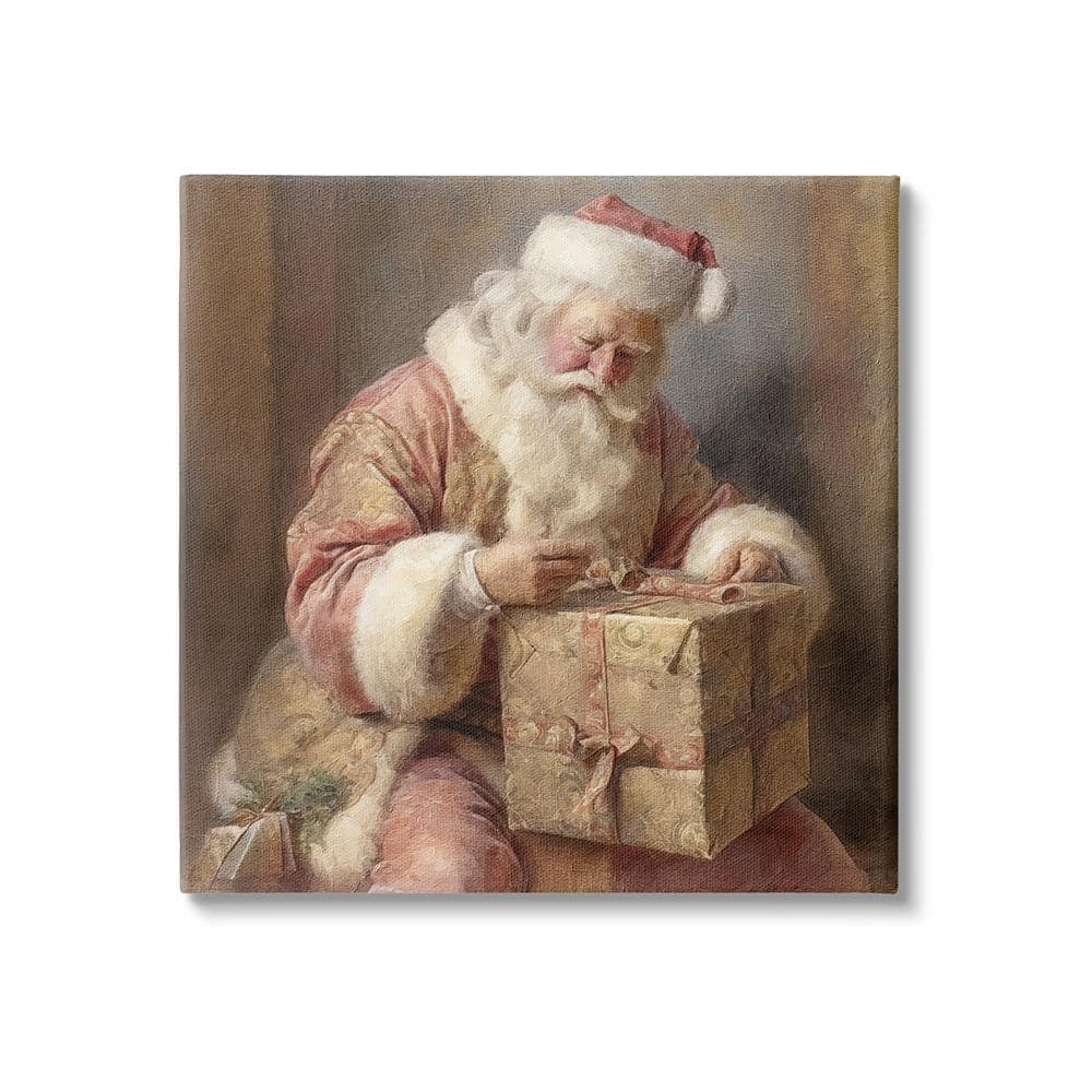 Stupell Industries Vintage Santa Wrapping Gift Holiday Painting Gallery Wrapped Canvas Art Print Wall Art, 17 x 17