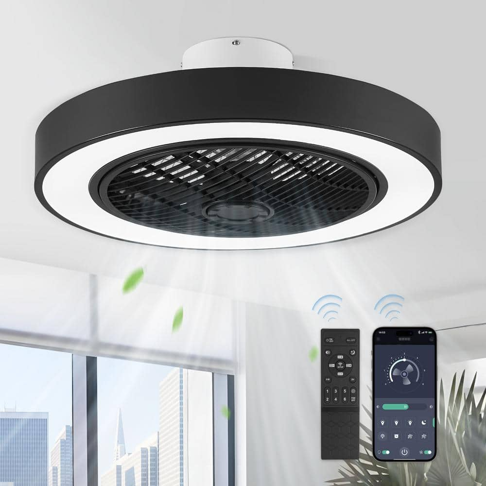 22 in. Indoor Black Modern Enclosed Low Profile Ceiling Fan with Light with Smart APP and Remote Control