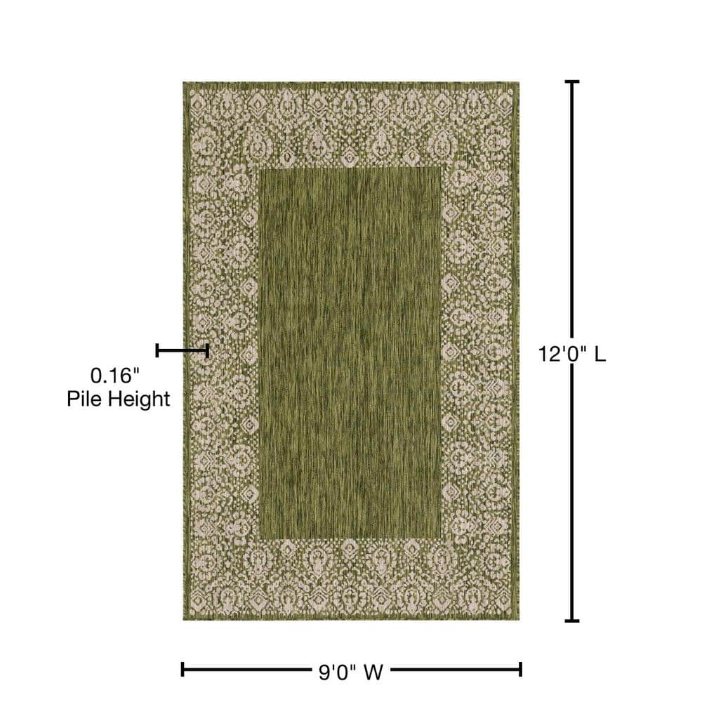 Unique Loom Outdoor Border Collection Area Rug - Floral Border (9' x 12' Rectangle Green/Ivory)