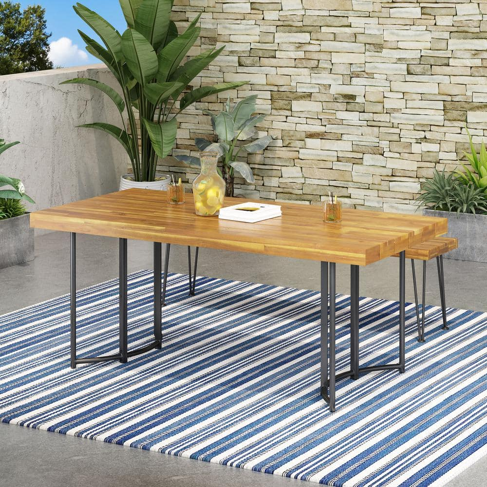 Noble House Noah 72" Modern Wood Top Patio Dining Table in Teak and Black