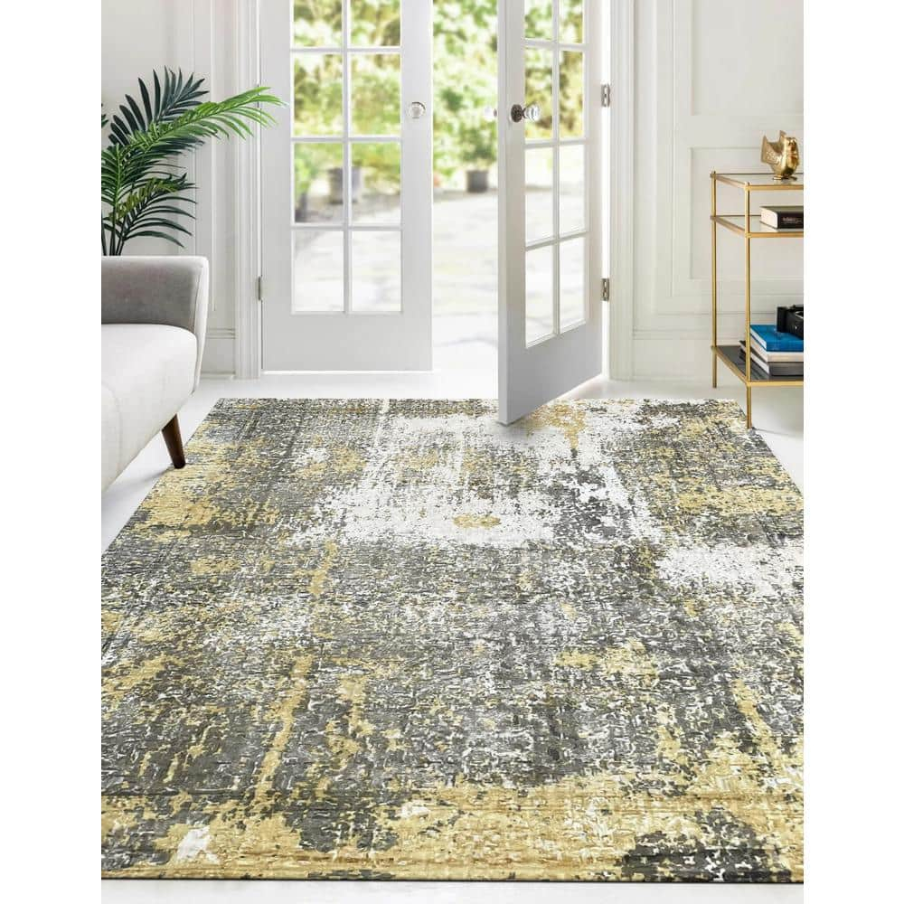 EORC Ivory / GOLD Hand Knotted Wool Transitional Modern Rug, 7' x 9'
