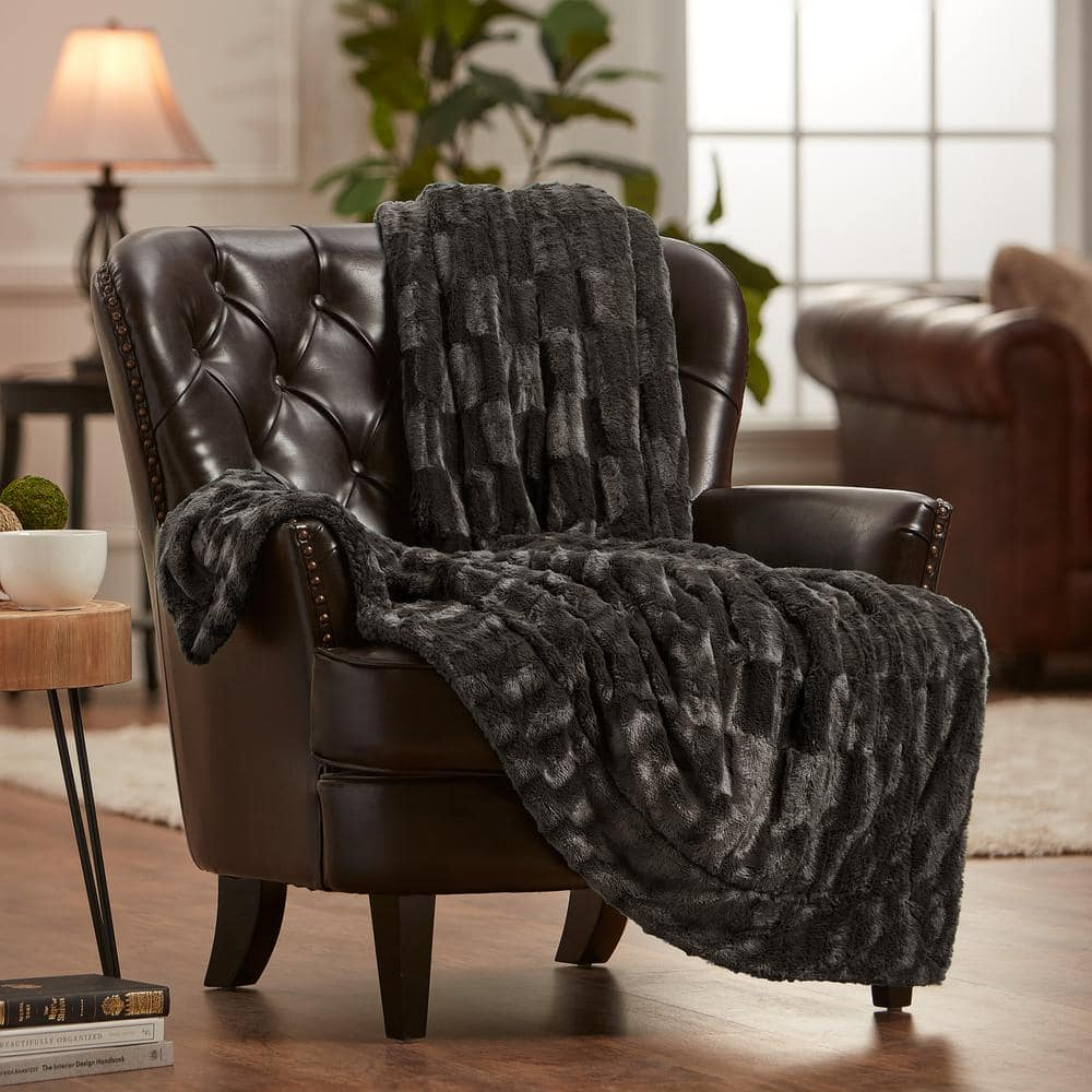Chanasya Super Soft Fuzzy Faux Fur Elegant Rectangular Embossed Throw Blanket | Fluffy Plush Sherpa CozyGrey Microfiber Blanket for Bed Couch Living Room Fall Winter Spring (50" x 65") - Dark Grey