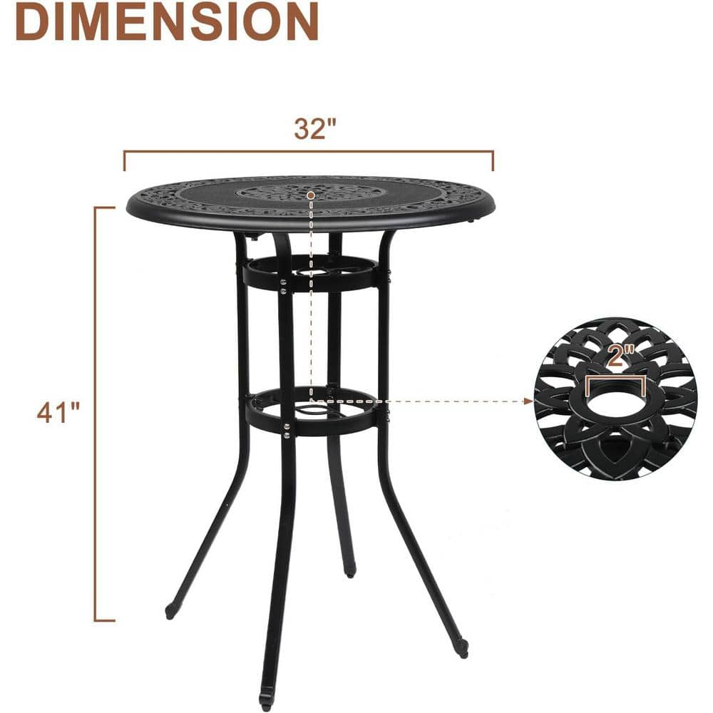 Black Cast Aluminum Round Outdoor Bar Table with Umbrella Hole