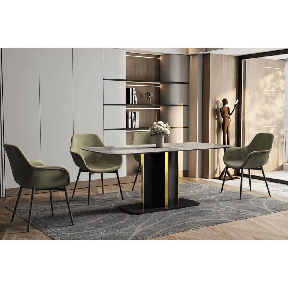 LeisureMod Sylva 71" Rectangular Dining Table Indoor Modern Kitchen Table with Sintered Stone Wide Top and Steel Pedestal Base in Deep Grey