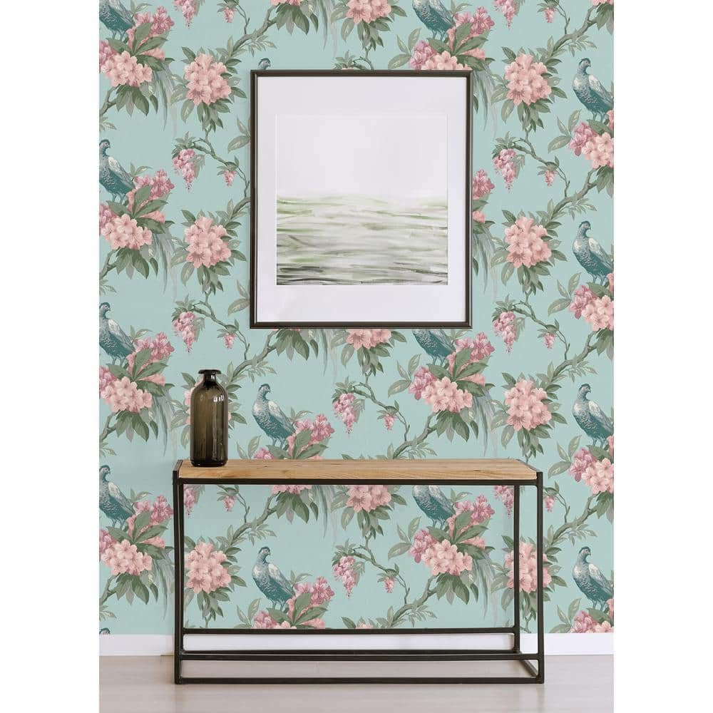 Brewster Home Fashions Golden Pheasant Aqua Floral Wallpaper, 20.5-in by 33-ft, 56.38 sq. ft.