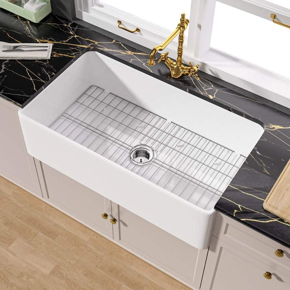 TUKTUK White Farmhouse Sink 36 inch Fireclay Farm Sink Apron Front Single Bowl Kitchen Sinks Deep Large Capacity Porcelain Ceramic Sink Undermount Luxury Bottom Grid & Strainer Drain Included