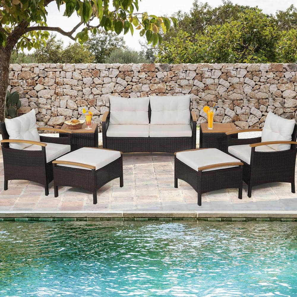 Kadyn Outdoor Bistro Conversation Set,Patio Furniture Sets, 7 Piece Rattan Patio Sofa Set with Acacia Wood Tabletop and Armrests