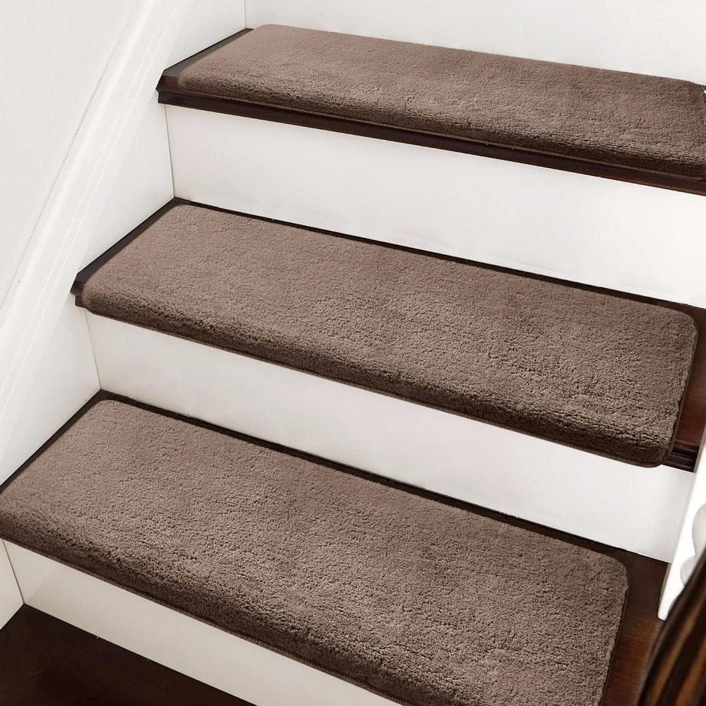 Soft Plush Brown 9.5 in. x 30 in. x 1.2 in. Bullnose Indoor Stair Tread Cover Tape Free Non-slip Carpet Set of 14