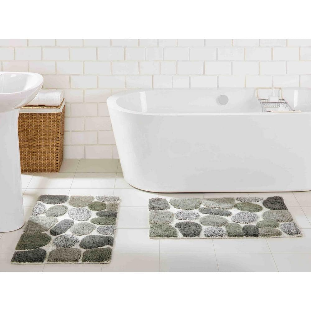 Chesapeake Geometric Grey Cotton Bath Rug, Non-Slip Backing (2 Count)
