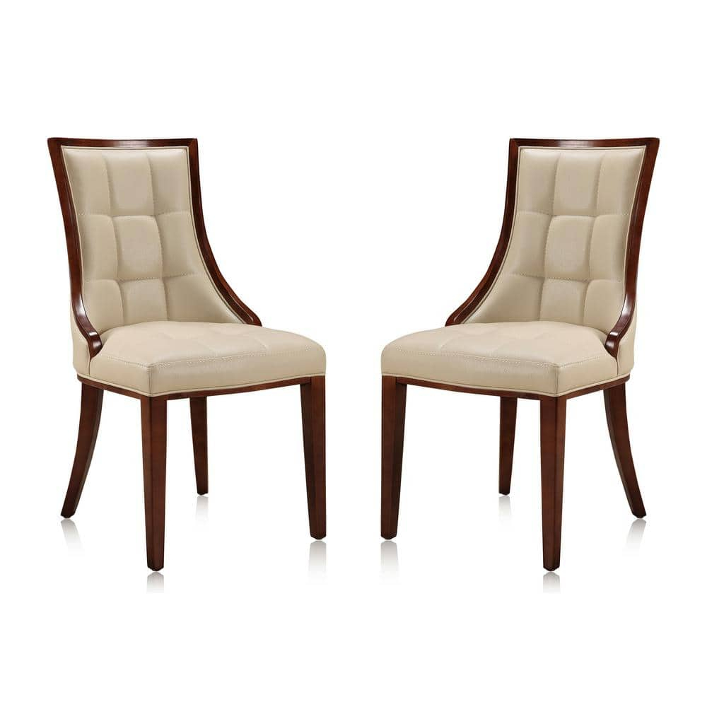 Manhattan Comfort Fifth Avenue Faux Leather Dining Chair (Set of Two) in Cream and Walnut