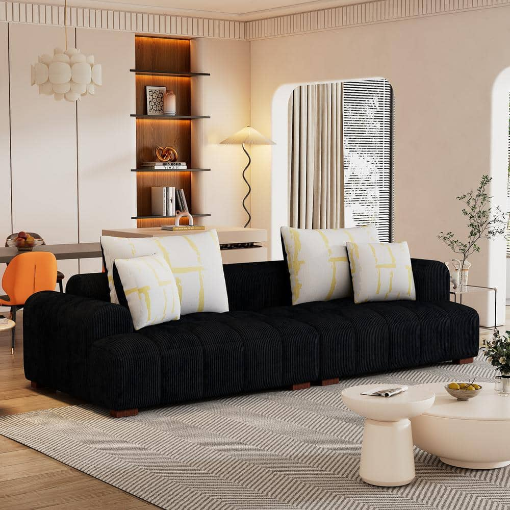 103.9" Modern Couch, Corduroy Fabric Comfy Deep Seat Sofa with Rubber Wood Legs, 4 Tossing Pillows for Living Room, Bedroom, Apartment, Dorm, Black