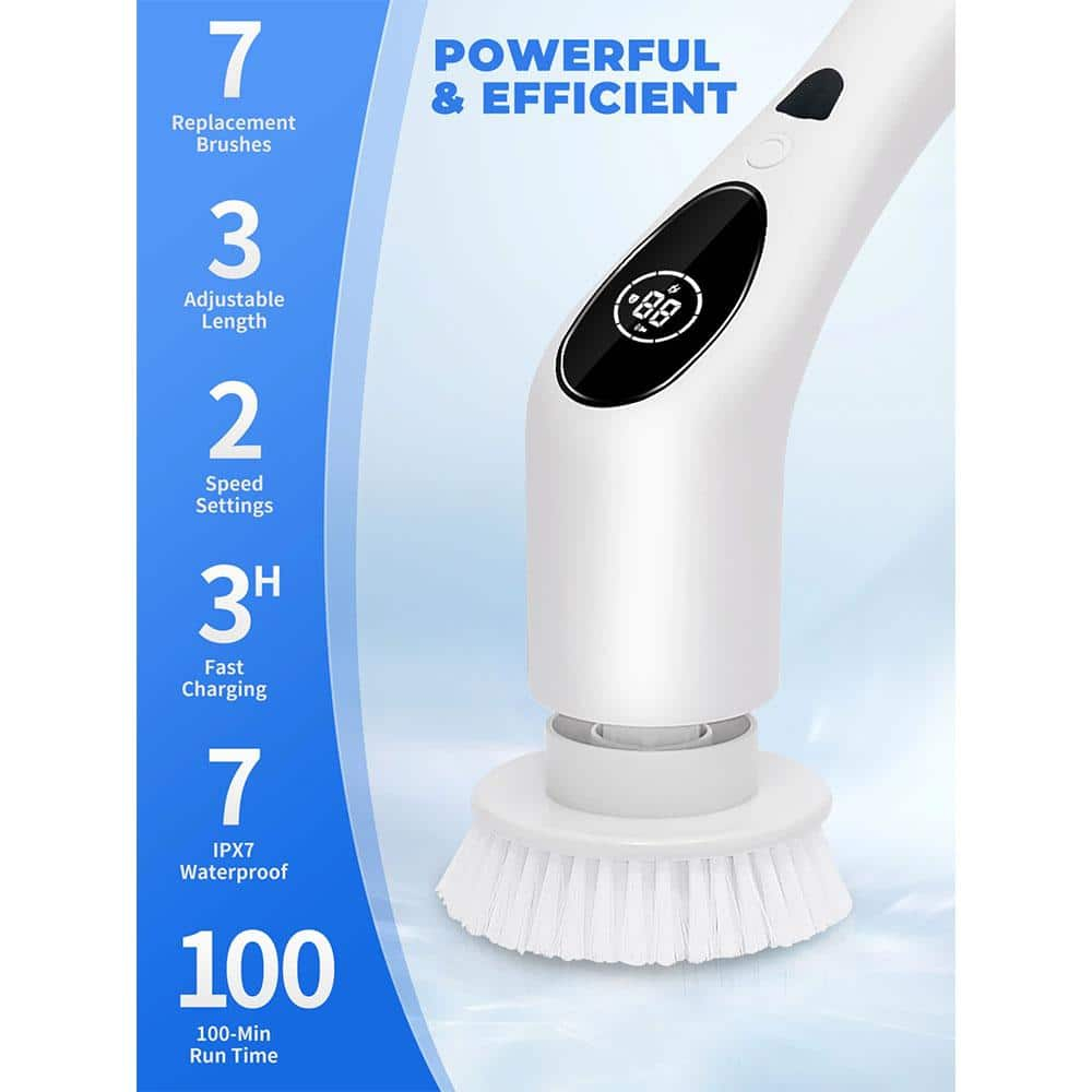 White Cordless Electric Spin Scrub Brush with Steel Handle