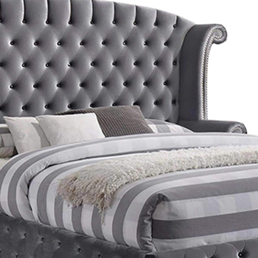 ACME Rebekah Eastern King Bed, Gray Velvet (1Set/4Ctn)-Color:Gray Velvet,Quantity:1,Style:Transitional