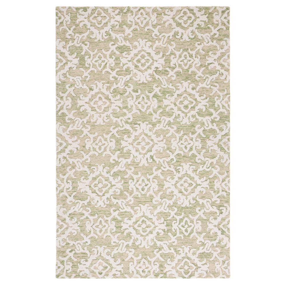 Light Green and Ivory Floral Wool 9' x 12' Handmade Tufted Area Rug