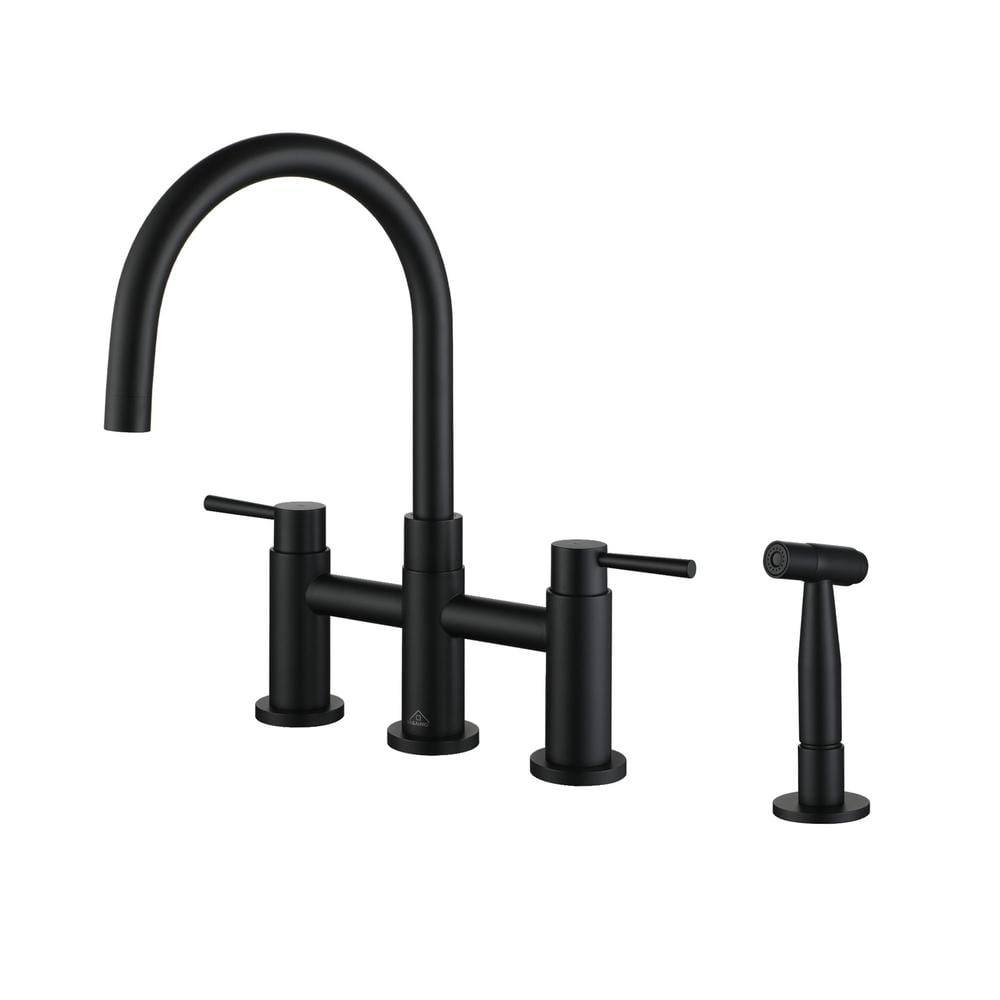 Double Handle Bridge Kitchen Faucet with Side Sprayer in Matte Black