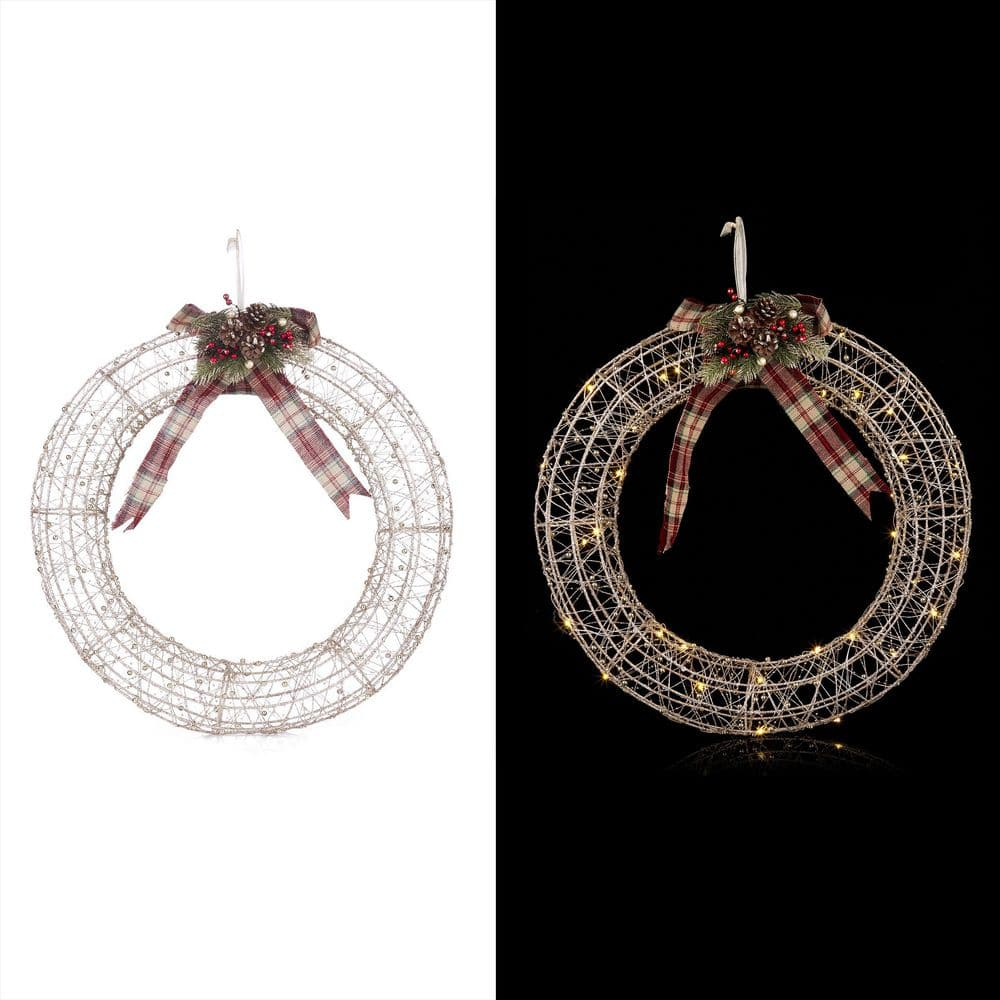 Alpine Corporation Hanging Wreath Decoration with LED Lights, Gold