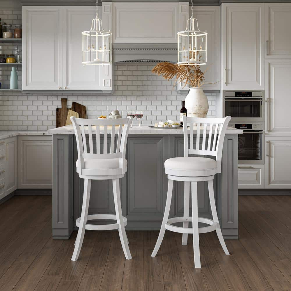 CorLiving Winston White Swivel Bar Stools Set of 2 with Faux Leather Seat and Vertical Slatted High Back- Bar Height Bar Stools with Back - Wood Barstools for Kitchen Island, or Bar Surfaces