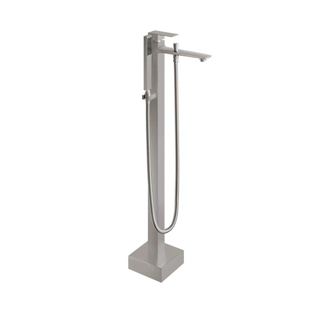 1-Handle Floor Mount Freestanding Tub Faucet with Handheld Shower in Brushed Nickel