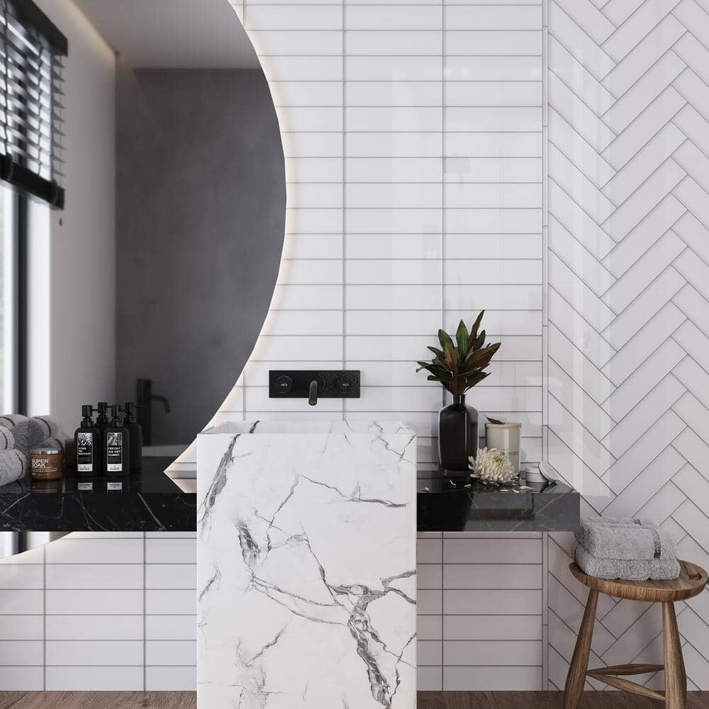 Apollo Tile   20 Pack 3-in x 12-in White Rectangular Subway Glossy Finished Glass Mosaic Wall Tile (5 sq ft/case)