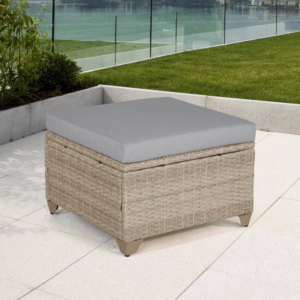 Maui Natural Aged Wicker Outdoor Ottoman with Stone Cushion