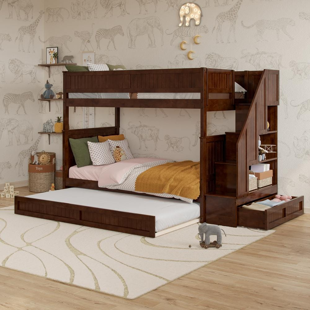 Walnut Twin Over Twin Bunk Bed with Storage Drawer and Trundle