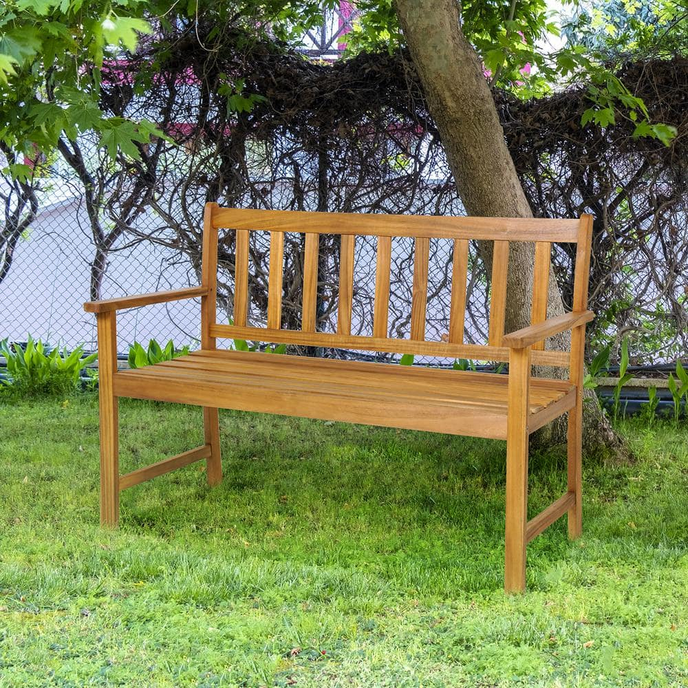 Natural Acacia Wood 2-Person Outdoor Bench with Armrests