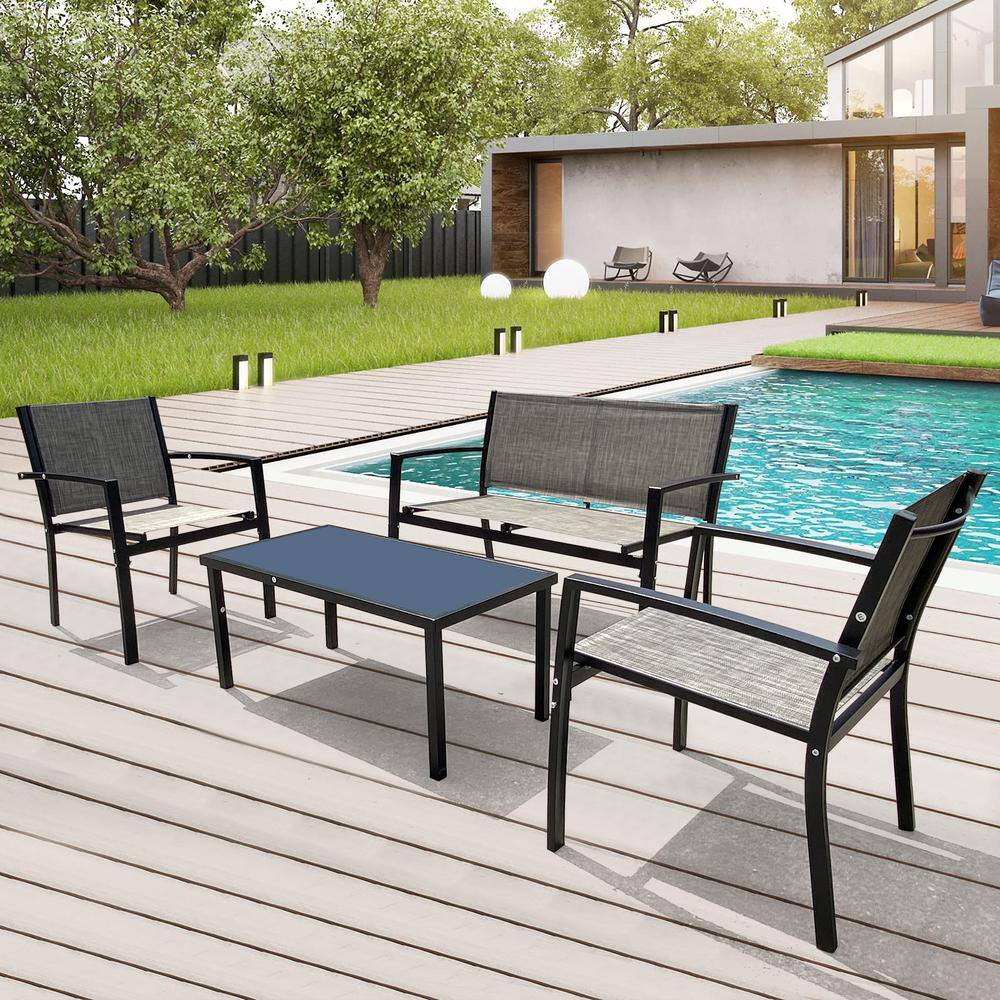 4 Pieces Patio Furniture Set Outdoor Garden Patio Conversation Sets, Poolside Lawn Chairs with Glass Coffee Table Porch Furniture, gRAY