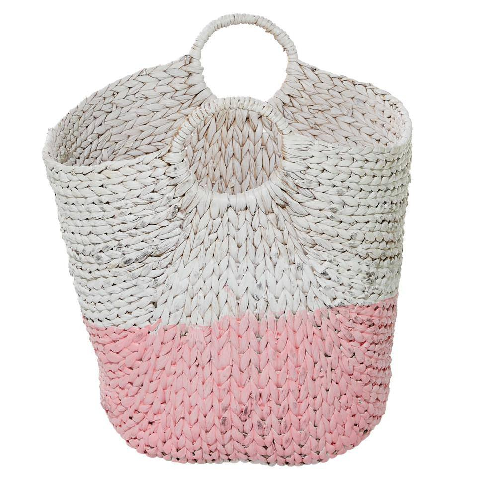 Cosmoliving by Cosmpolitan Seagrass Contemporary Woven Storage Basket 21"W x 19"H, with Daisy White Finish and Half Dipped Pink Accent