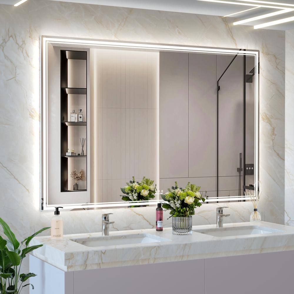 Silver 60 x 40 in. Oversized LED Bathroom Mirror Wall Mounted Mirror with 3 Color Modes Aluminum Frame Large Wall Mirror