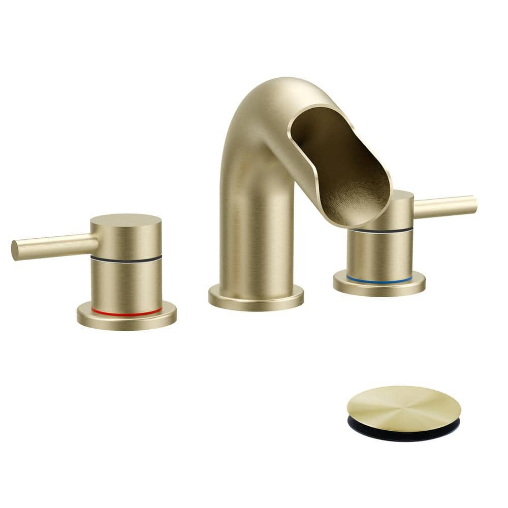 Qomolangma Waterfall Bathroom Faucets 3 Holes 2 Handles - Brushed Gold Bathroom Sink Faucets Widespread with Pop Up Drain, Lavatory Mixer Tap for Bathroom Sink RV Vessel Basin