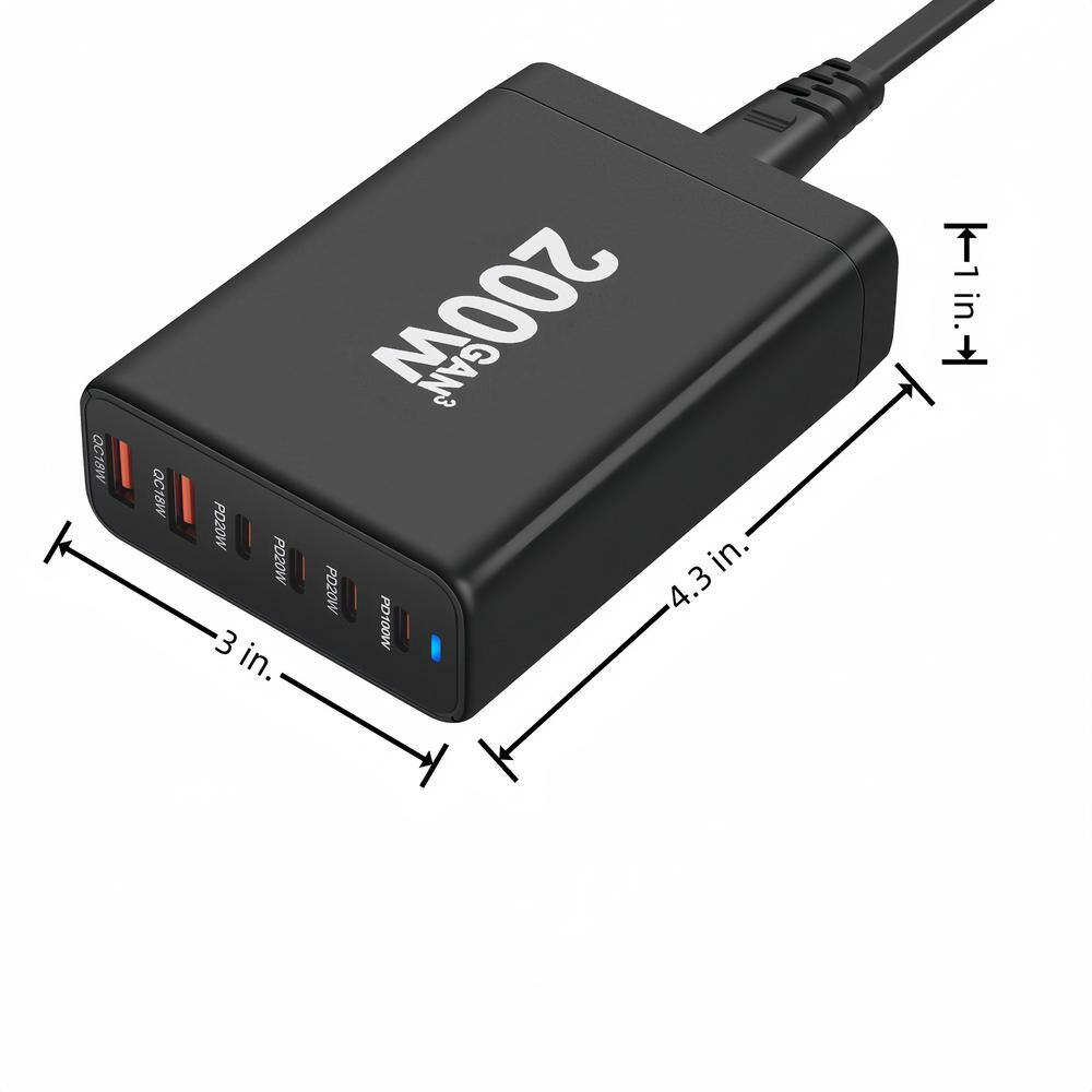 Black 200-Watt Fast Charging Station with 6 Ports