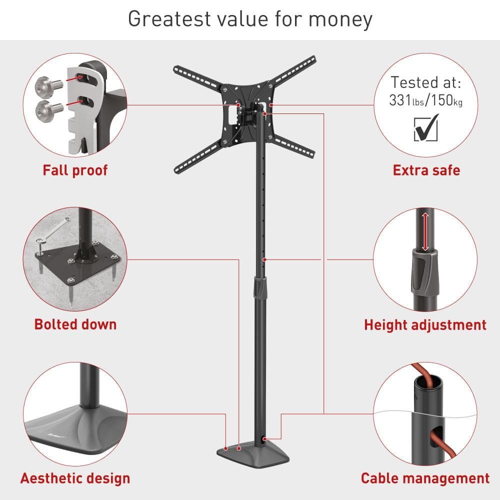 Barkan 13 - 83 inch Swivel & Tilt Flat / Curved TV Mount Fixed Floor Stand Black Patented to Fit Various Screen Types 5 Year Warranty