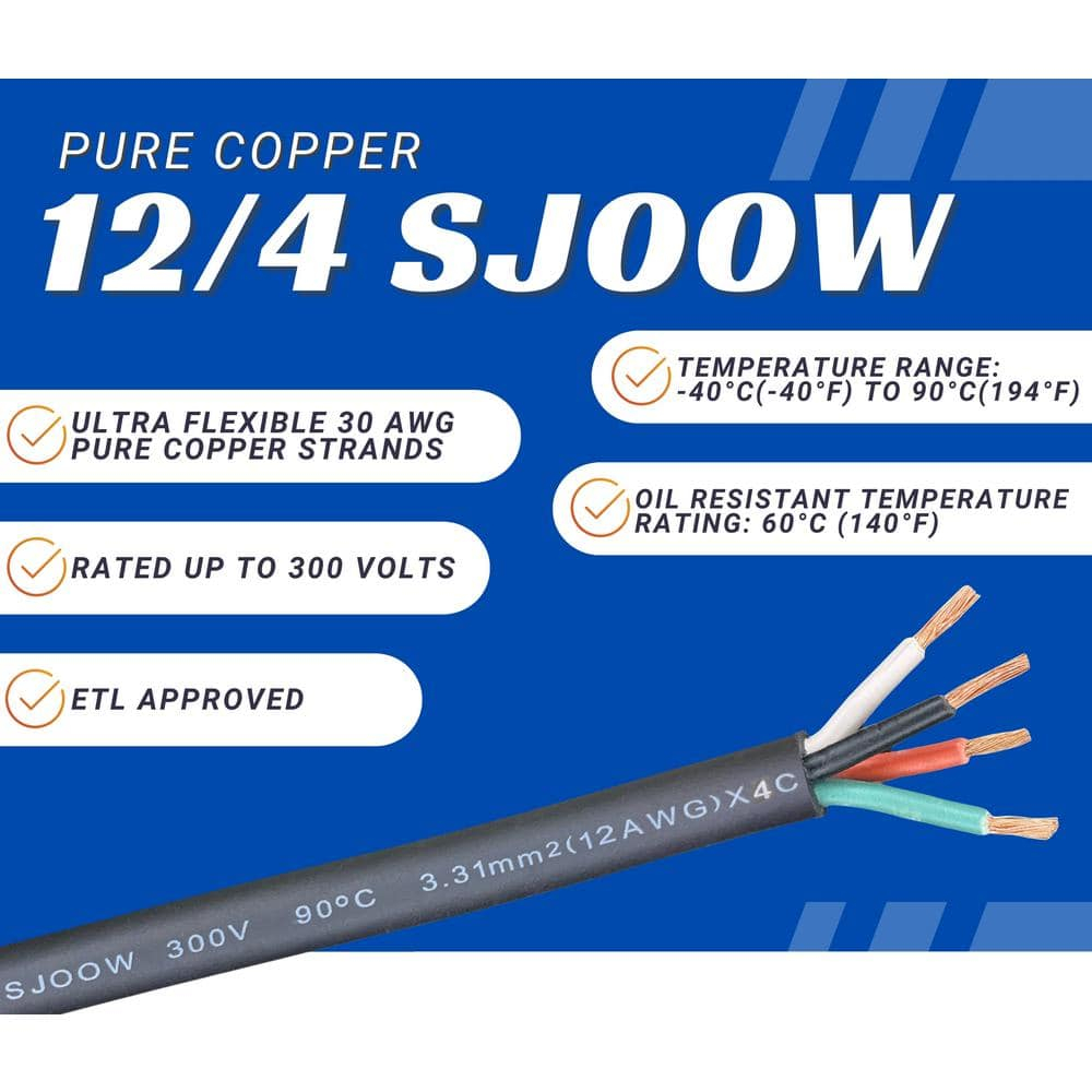 WindyNation 10 Feet 12/4 12 Gauge 4 Conductor Black SJOOW Cable