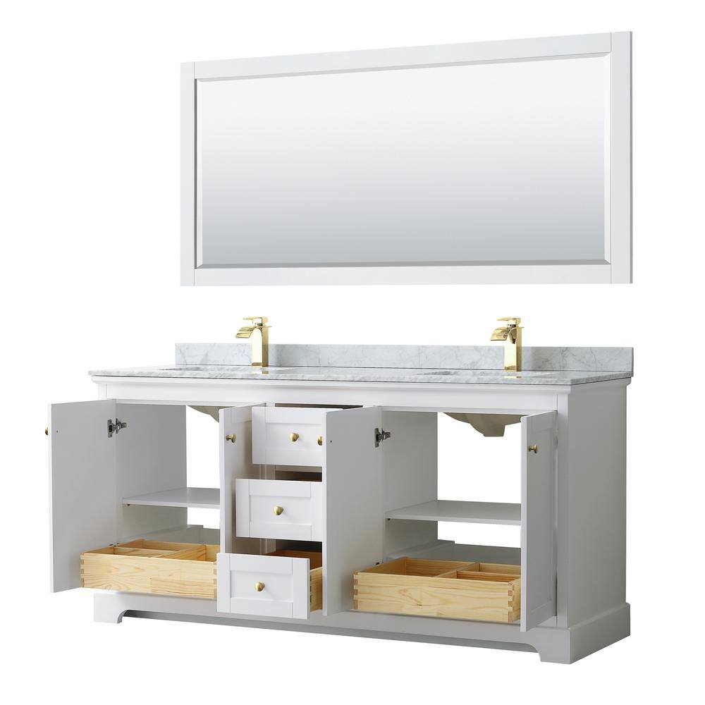 Avery 72" White Double Vanity with Carrara Marble and Brushed Gold Trim