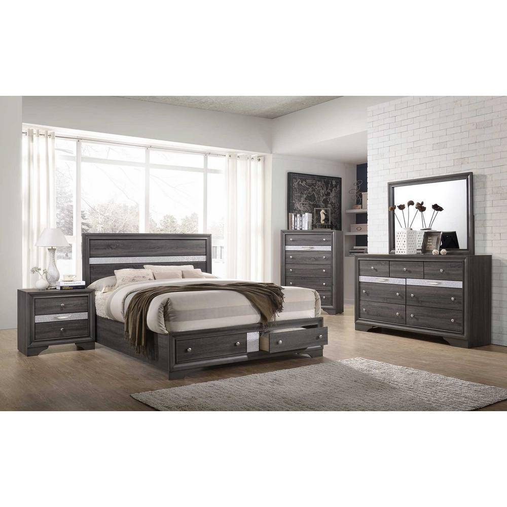 Full Sized Gray and Silver Wood Bedframe with 2 Drawer Storage