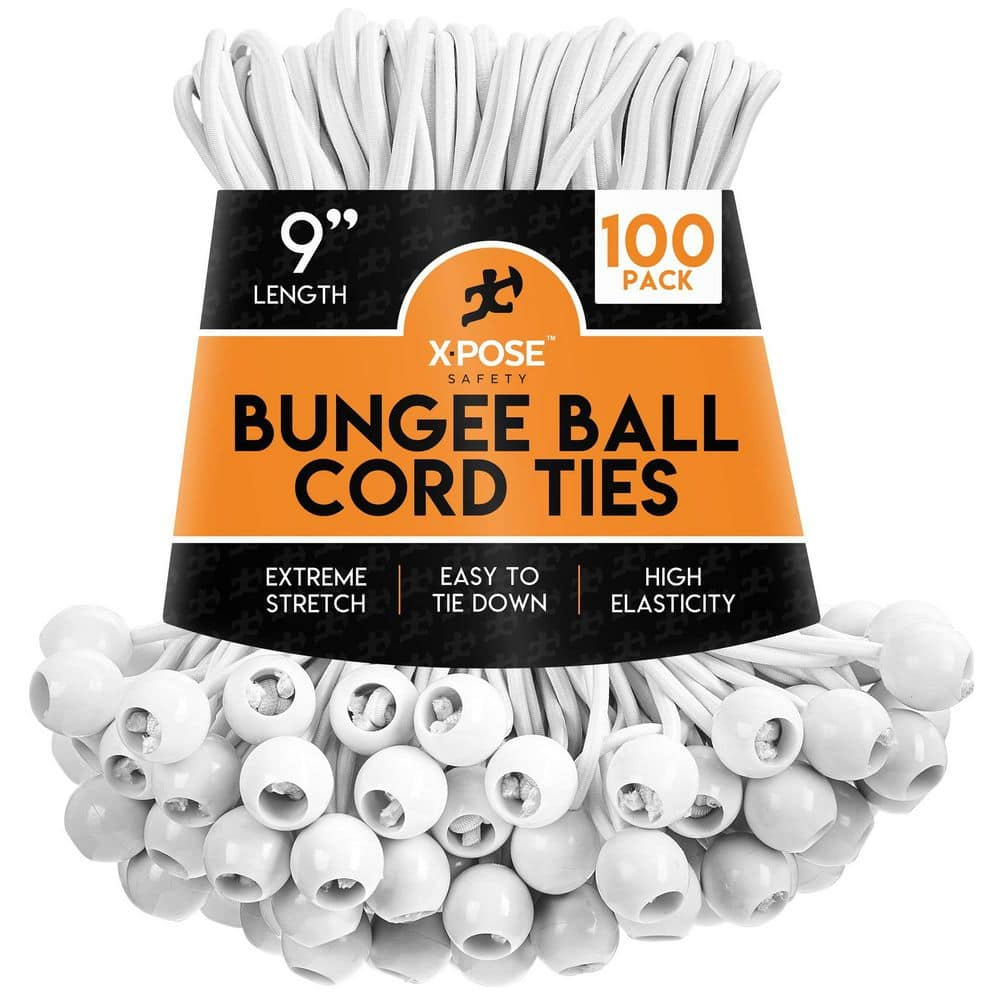 Xpose Safety Bungee Ball Cords 9" 100 Pack Heavy Duty Assorted Colors Stretch Rope with Ball Ties for Canopies, Tarps, Walls, Cable Organization