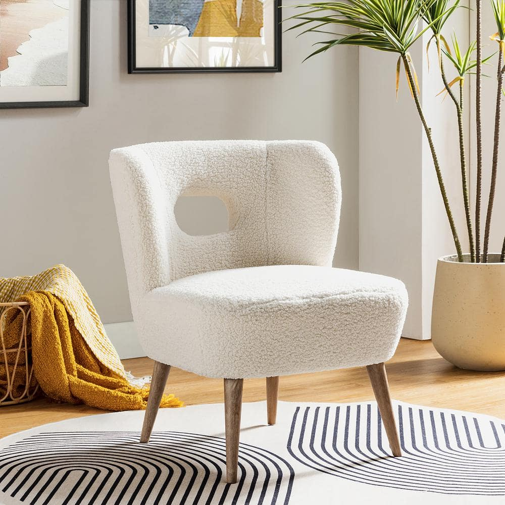 Upholstered Sherpa Barrel Accent Chair White Cutout Back Armless Wooden Legs Home Bedroom Living Room Office Adult Ivory