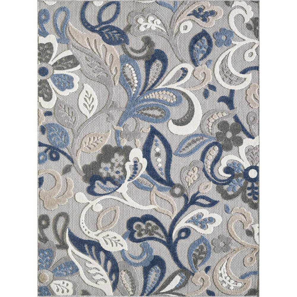 Calla Grey/Blue Leila 8 ft. x 10 ft. Floral Indoor/Outdoor Area Rug