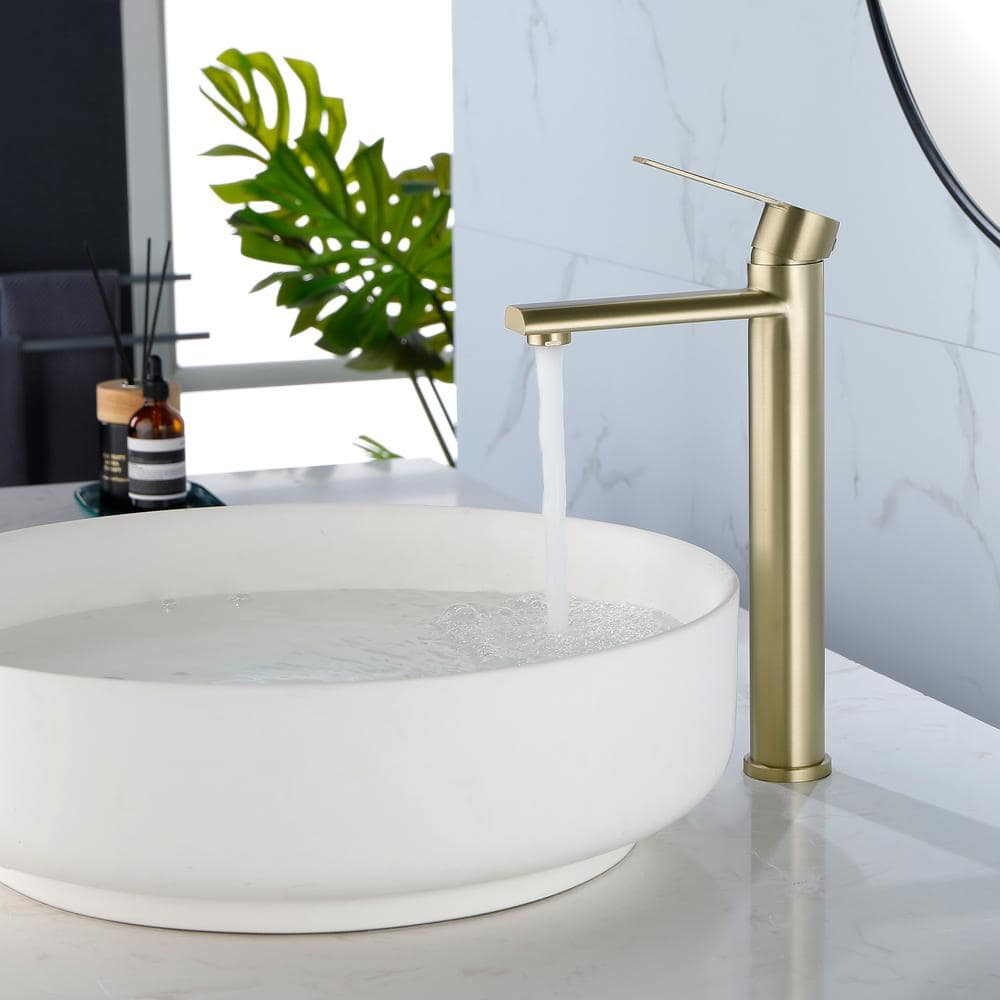 Single Handle Vessel Sink Faucet, Single Hole Tall Bathroom Faucet in Brushed Gold