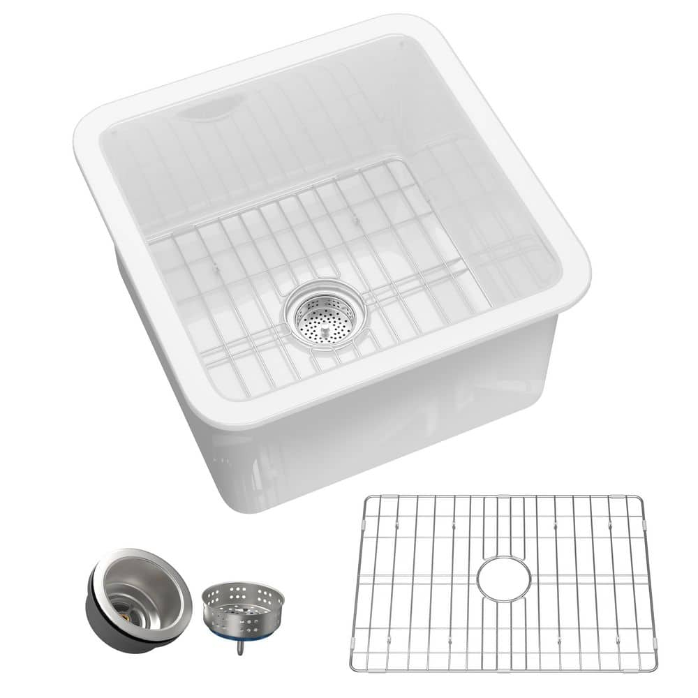 White Undermount Kitchen Sink 18 Inch - Small Topmount Wet Bar Sink Drop In 18x18x9, Dual Mount Single Bowl, Heavy Duty Solid Fireclay, with 2 Accessories, for Kitchen & Laundry & Outdoor