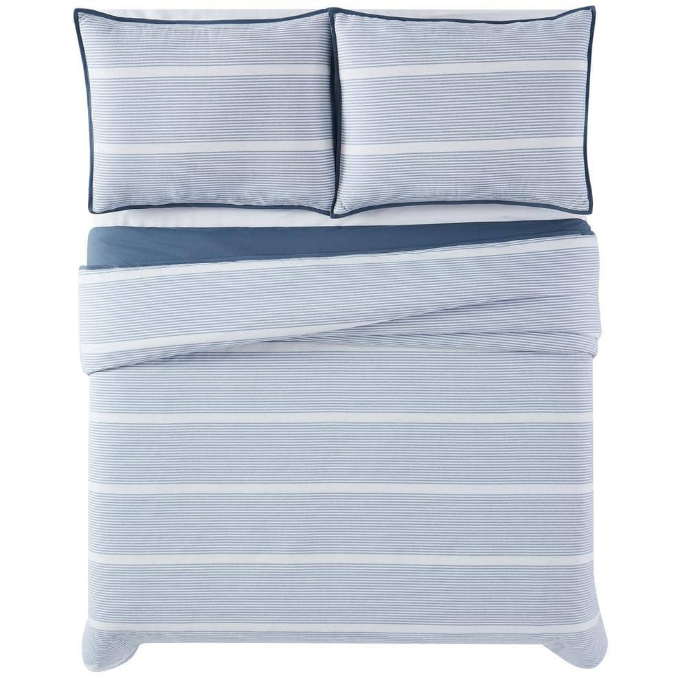 Brooklyn Loom - 3-Piece Full/Queen Comforter and Sham Set - Niari Yarn Dye Stripe Cotton Collection - Blue CS4175BLFQ-1500 Full/Queen Blue Comforter Set