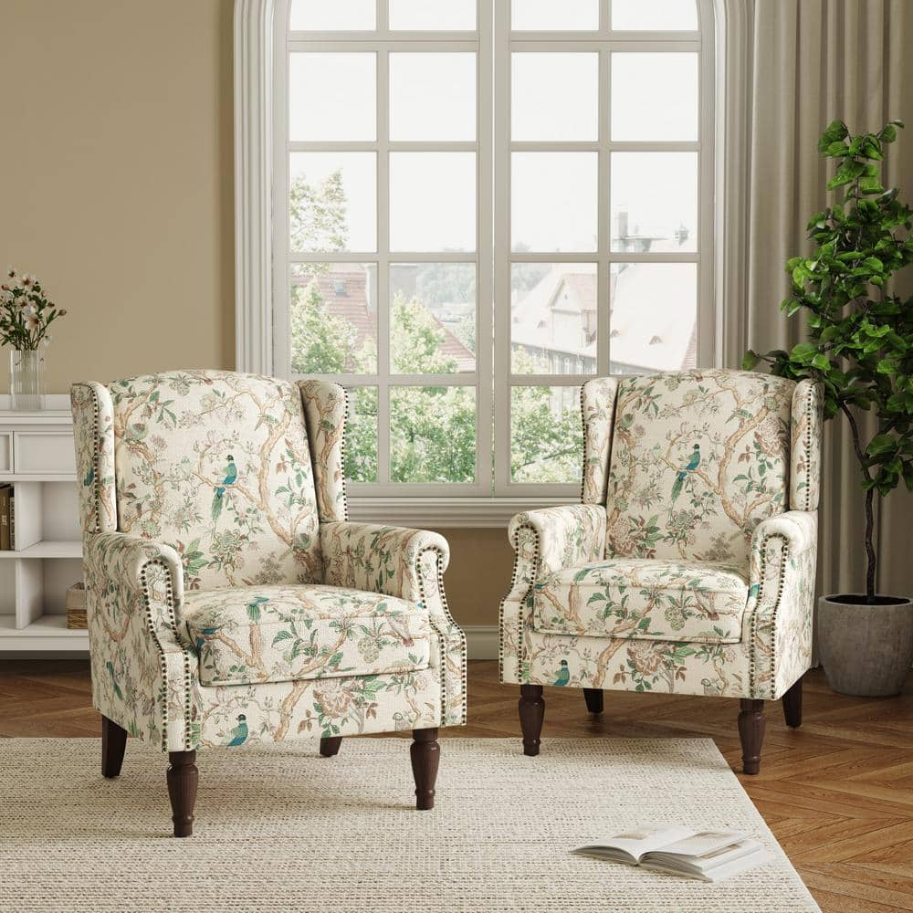 Bird Pattern Linen Upholstered High Back Accent Arm Chair with Nailhead Trim(Set of 2)