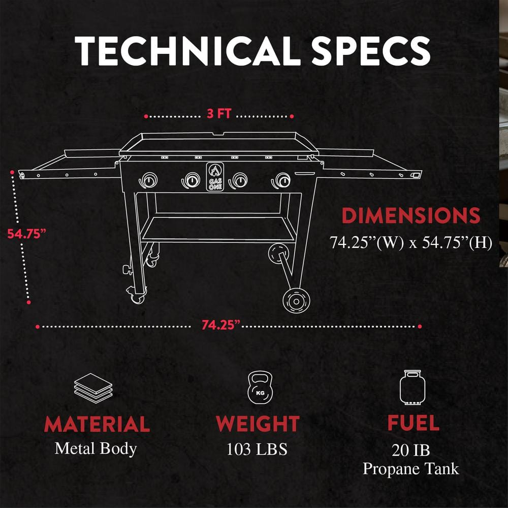 Flat Top Portable Propane Grill 36 in. with Foldable Legs in Black