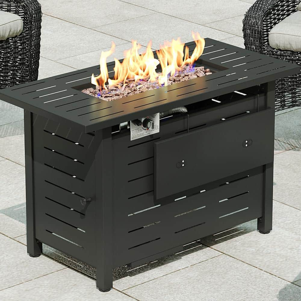 40-Inch Rectangular Propane Fire Pit Table, 50,000 BTU Outdoor Gas Fire Pit with Waterproof Cover, Alloy Steel Fire Table with Lid and Lava Rocks, Modern Black Firepit for Patio and Backyard