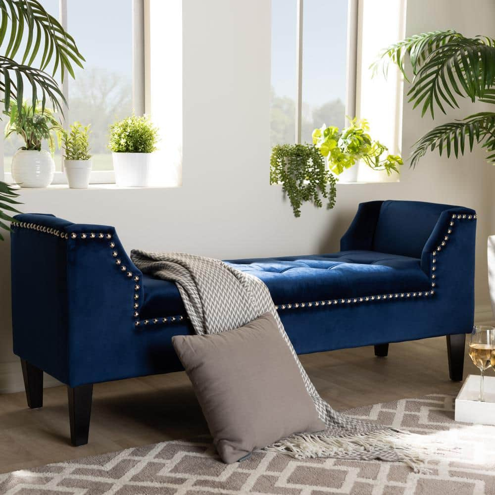 Perret Modern and Contemporary Royal Blue Velvet Fabric Upholstered Espresso Finished Wood Bench