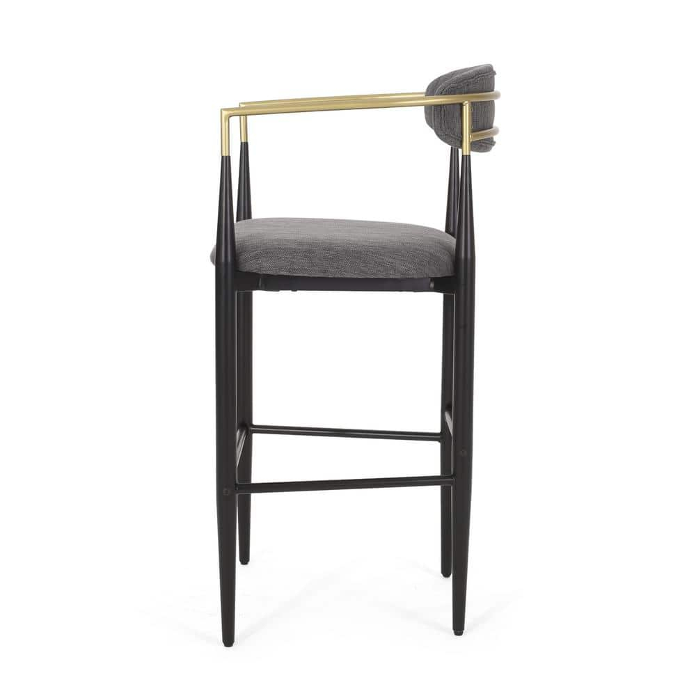 Noble House Boise Indoor Fabric and Metal 30 inch Barstools, Set of 2, Charcoal, Black, and Gold.