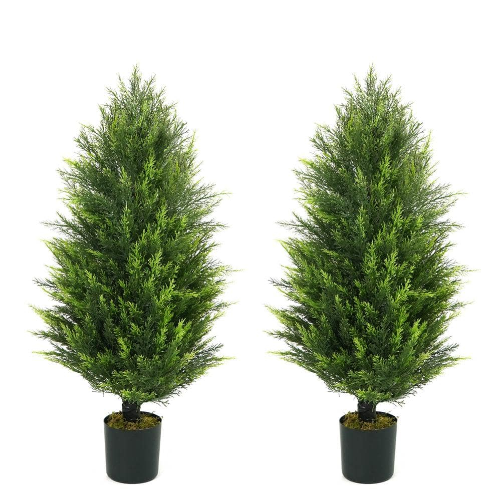 CAPHAUS 3 FT Artificial Cedar Tree Set of 2, 36 Inch Fake Boxwood Topiary w/Dried Moss, Natural Faux Plants for Outside Planter, UV Resistant, Artificial Tree Indoor, Outdoor Patio Décor