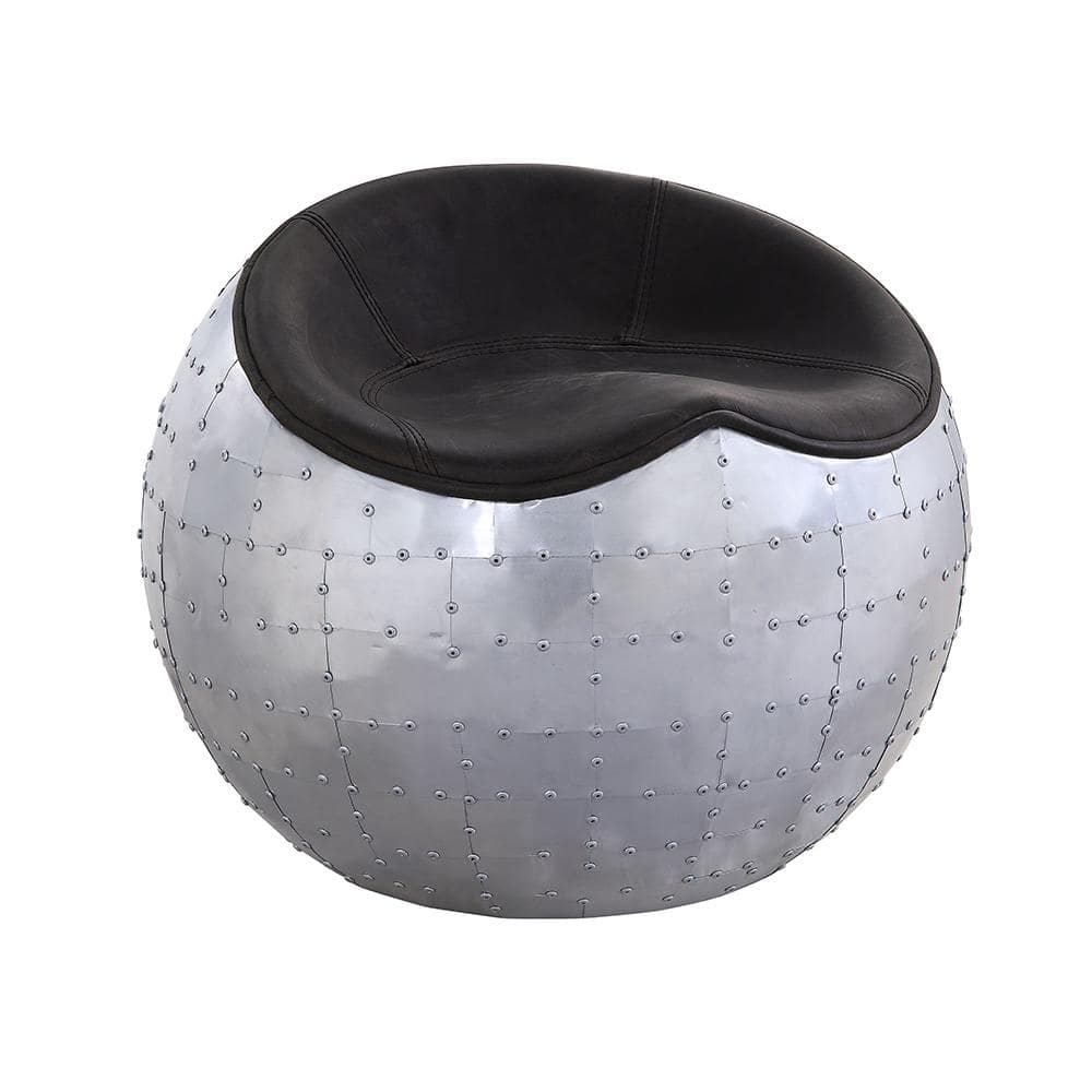 ACME Brancaster Leather Upholstered Ottoman in Antique Ebony and Aluminum