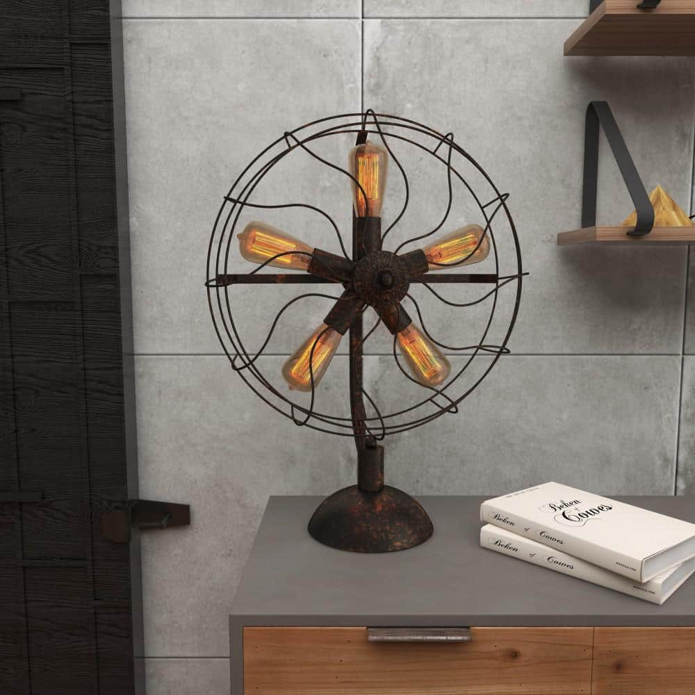 DecMode 24" 5 Light Vintage Fan Bronze Accent Lamp with Black Metal Shade