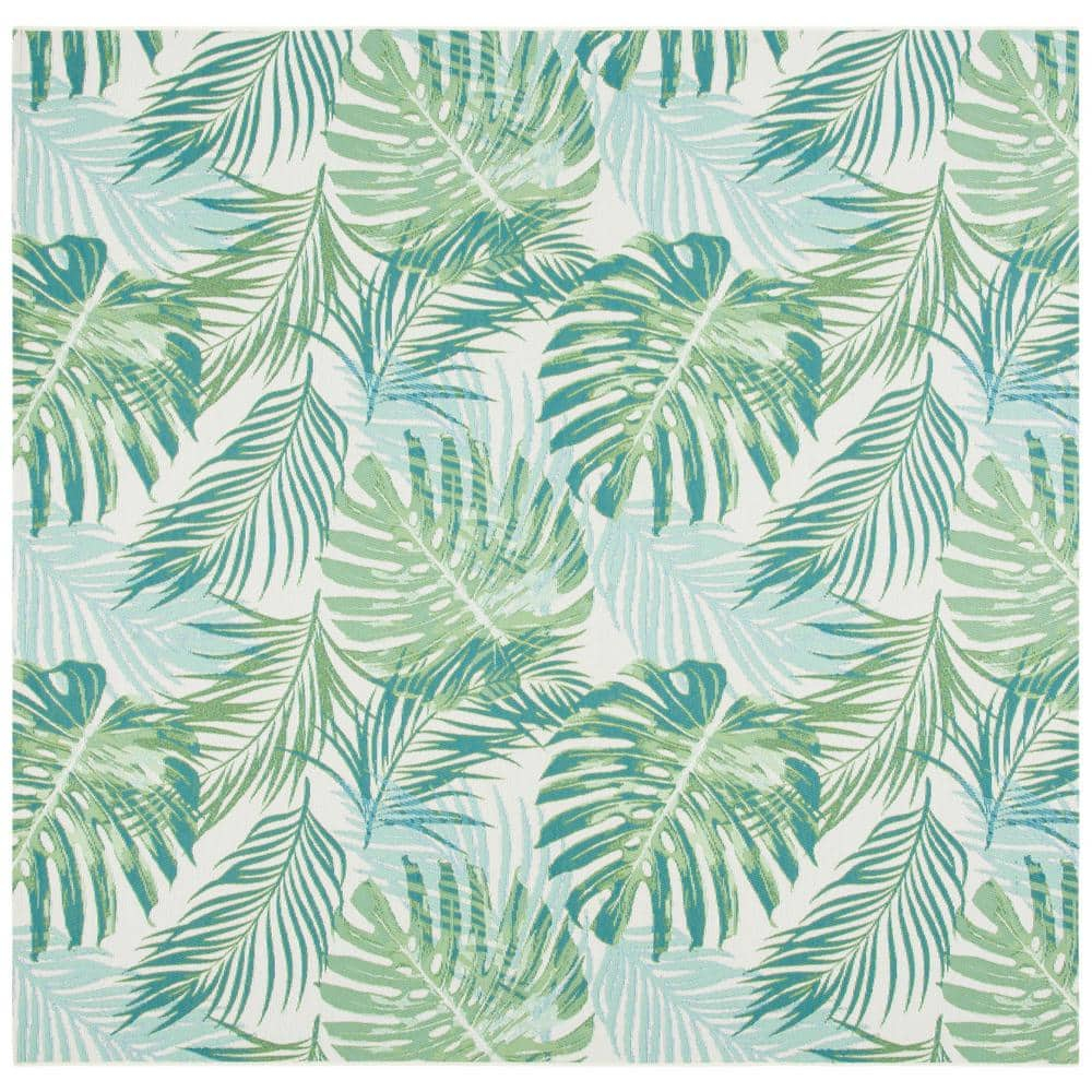 Barbados Green and Teal Tropical Botanical Square Indoor/Outdoor Rug